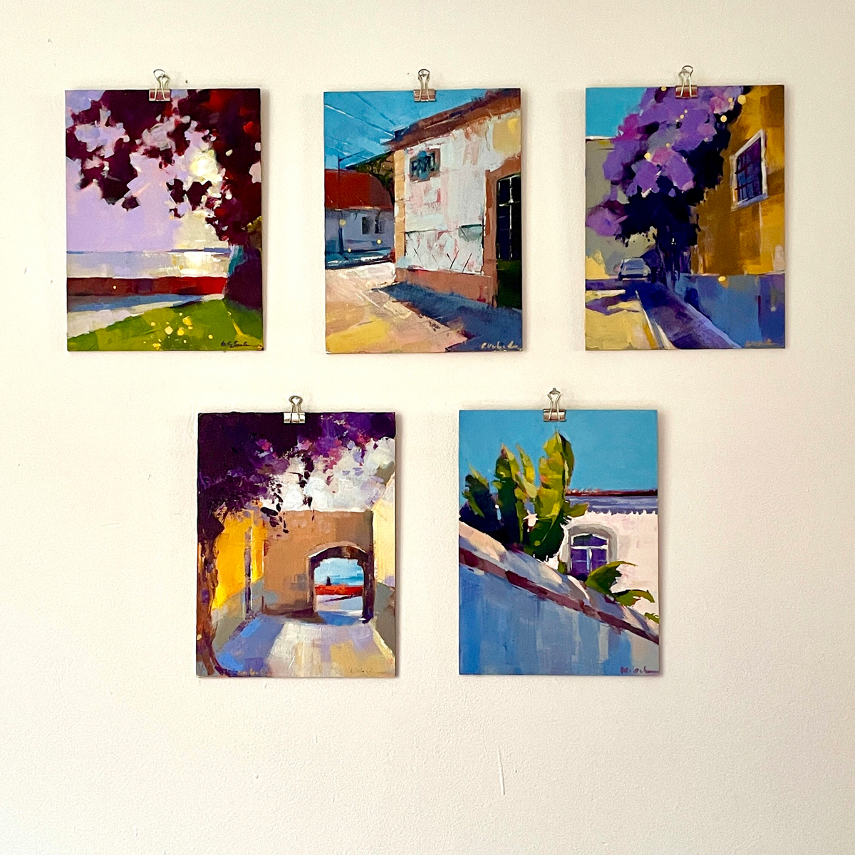 A set of five paintings displayed on a wall, part of the "30 Days of Faro" painting challenge.